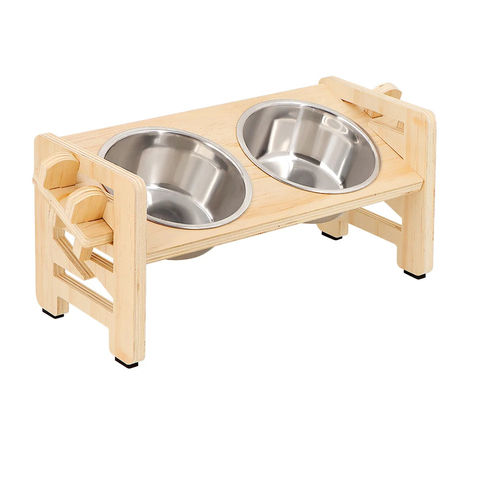 Ciotola Gatti Cani Legno Acciaio Inossidabile Regolabile Altezza 2 Ciotole Incluse
