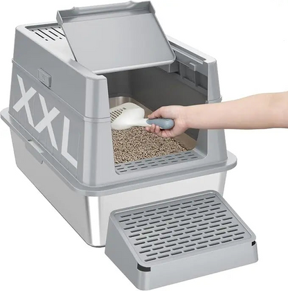 Lettiera Colore Grigio Grandi Dimensioni 65L Sgabello Scala Pulizia Igiene