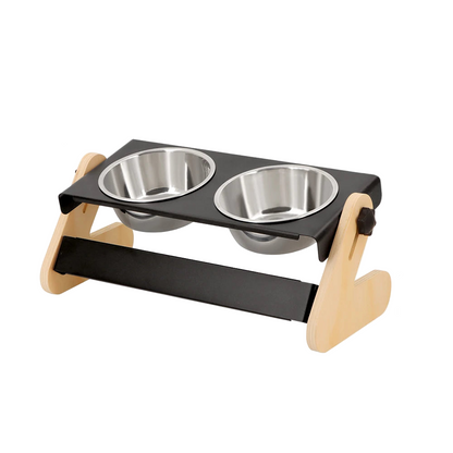 Ciotole Cani Gatti Rialzato Colore Nero Legno Acciaio Inossidabile 2 Ciotole Incluse