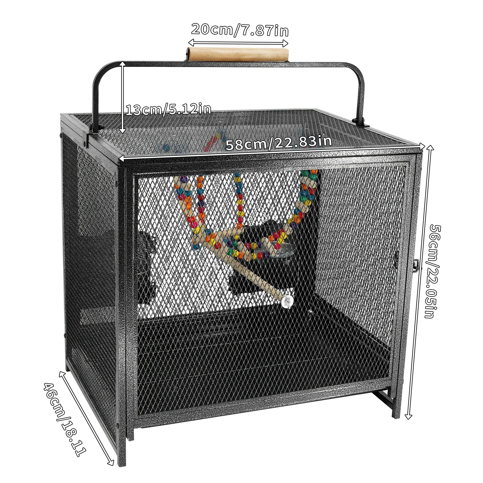 Gabbia Uccelli Colore Nero Quadrata Materiale Ferro Battuto Manico Legno
