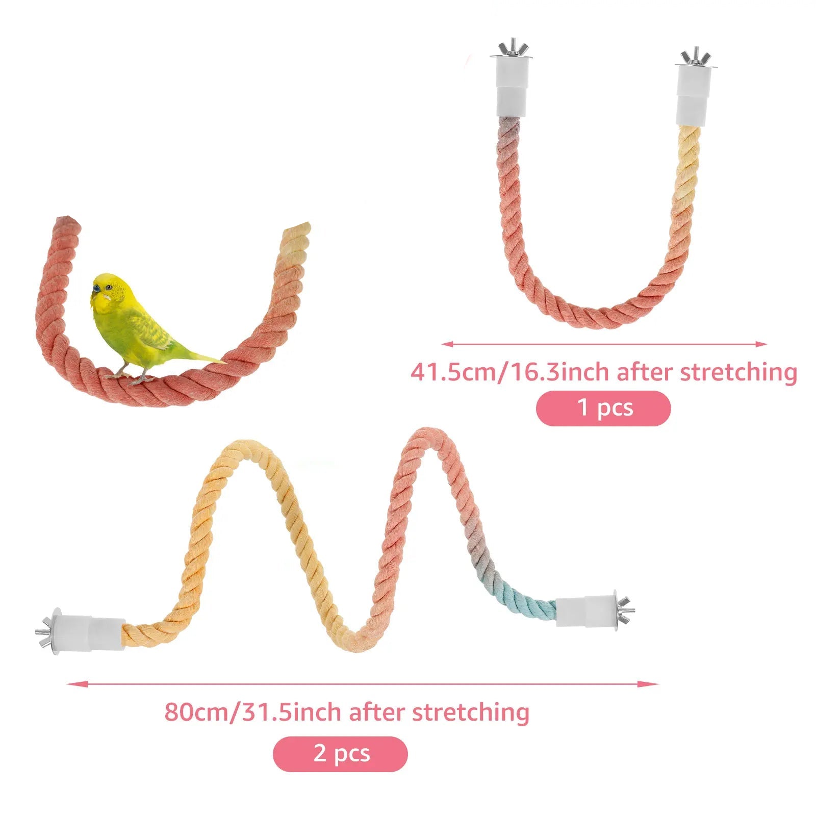 Set 3 Corde Giochi Uccelli Multicolore Diverse Dimensioni Cotone Corda Metallo